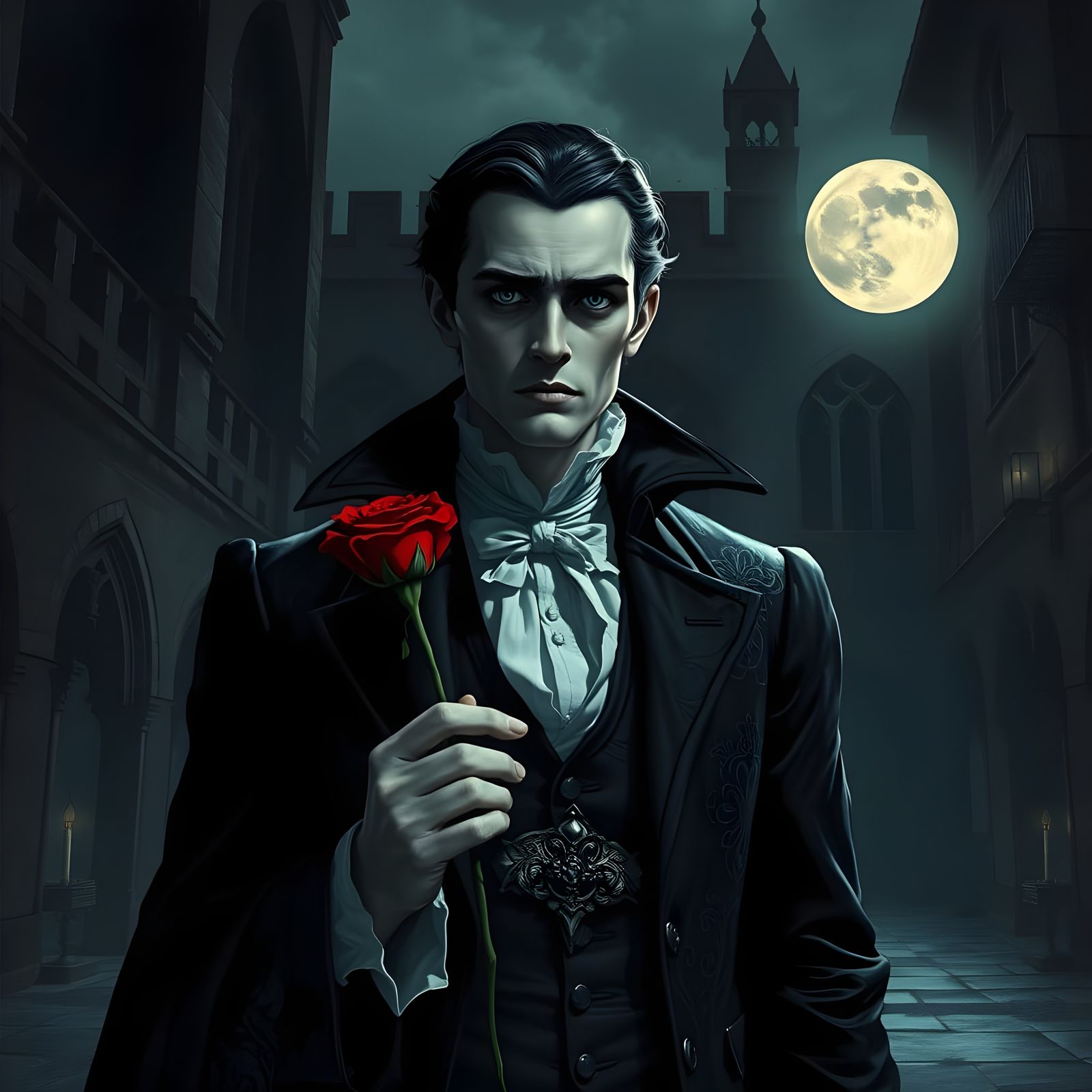 Melancholic Vampire in Gothic Castle Courtyard