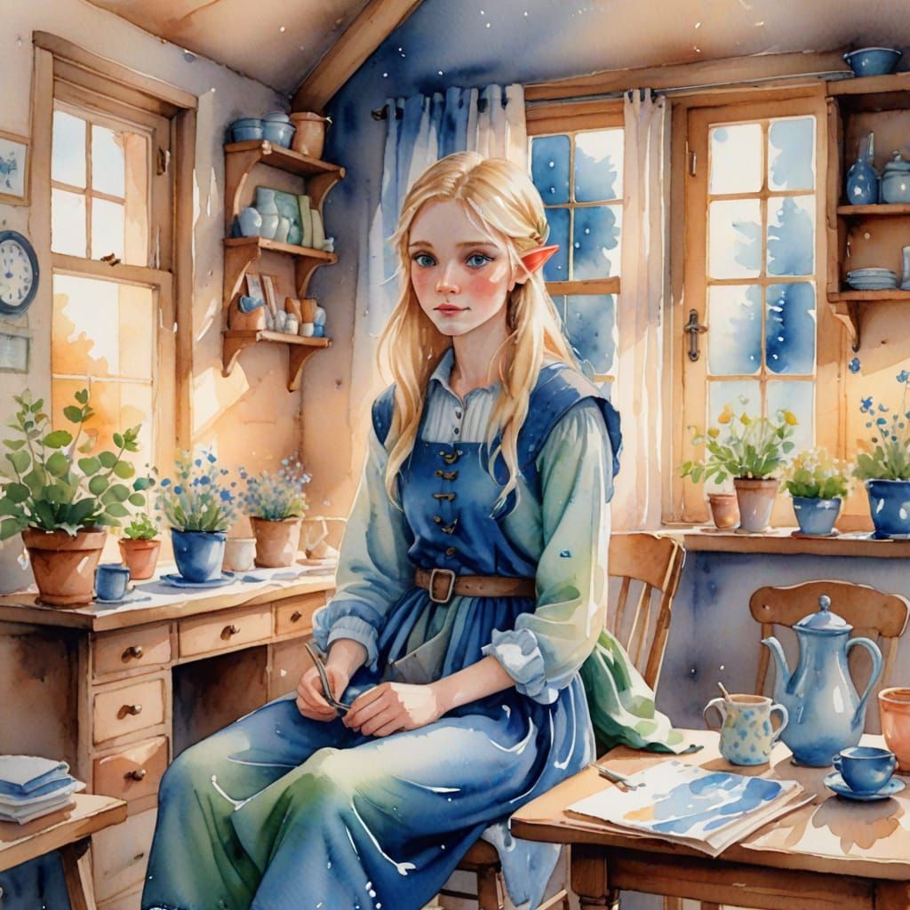 Whimsical Elf Home in Warm Watercolor
