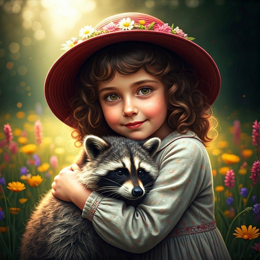 Shy Girl Hugs Raccoon in Whimsical Meadow