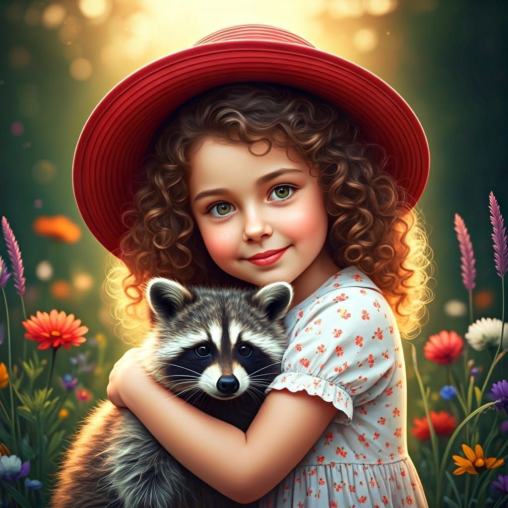 Whimsical Girl Embracing a Curly Raccoon in Golden Light