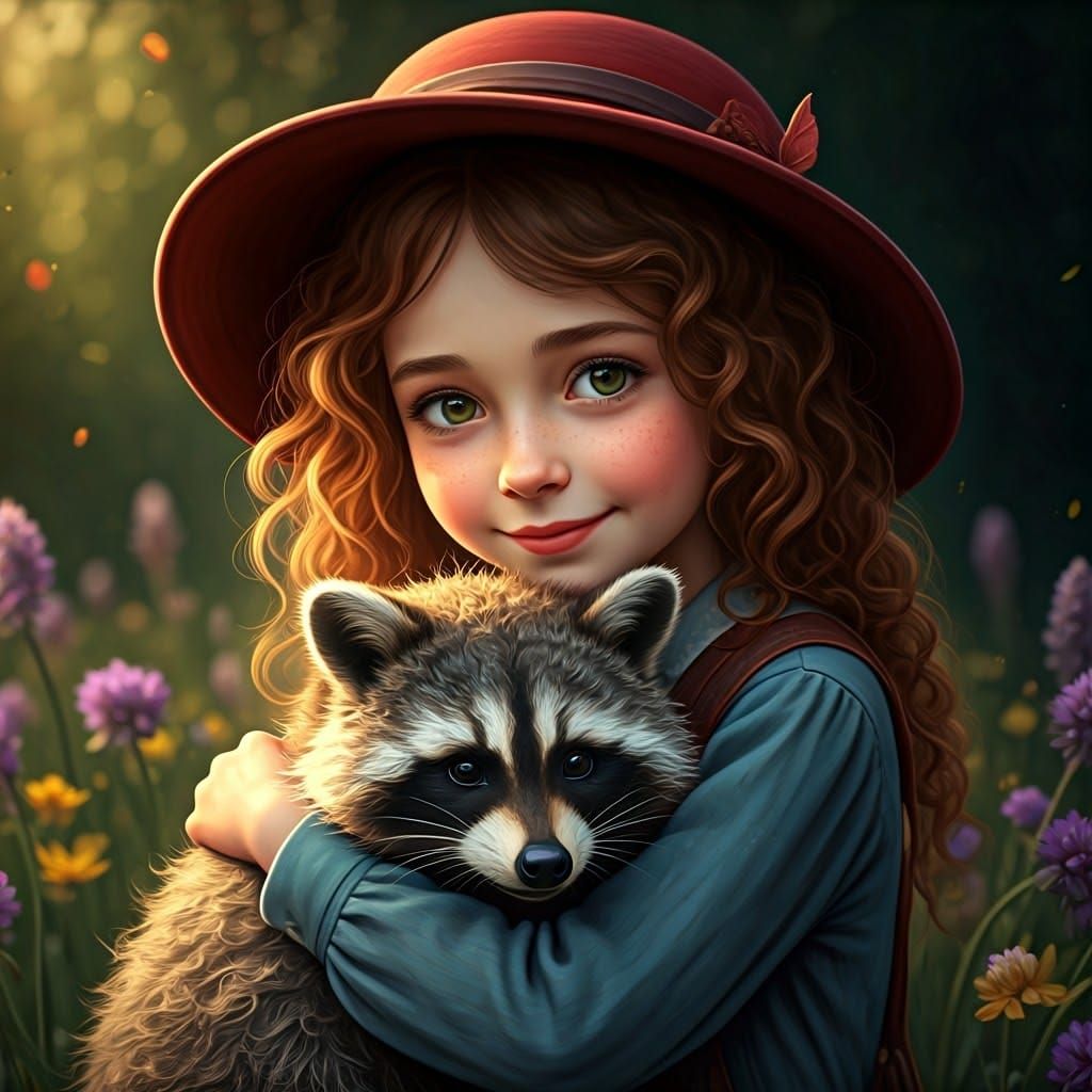 Whimsical Girl with Curly Raccoon in Wildflowers