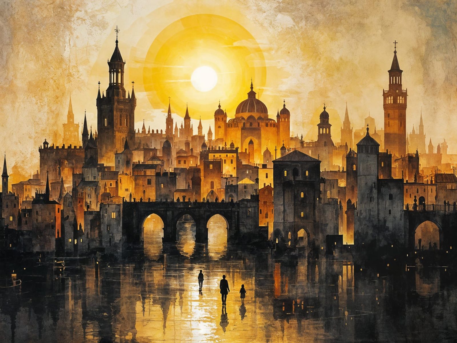 Medieval Cityscape at Sunset Double Exposure