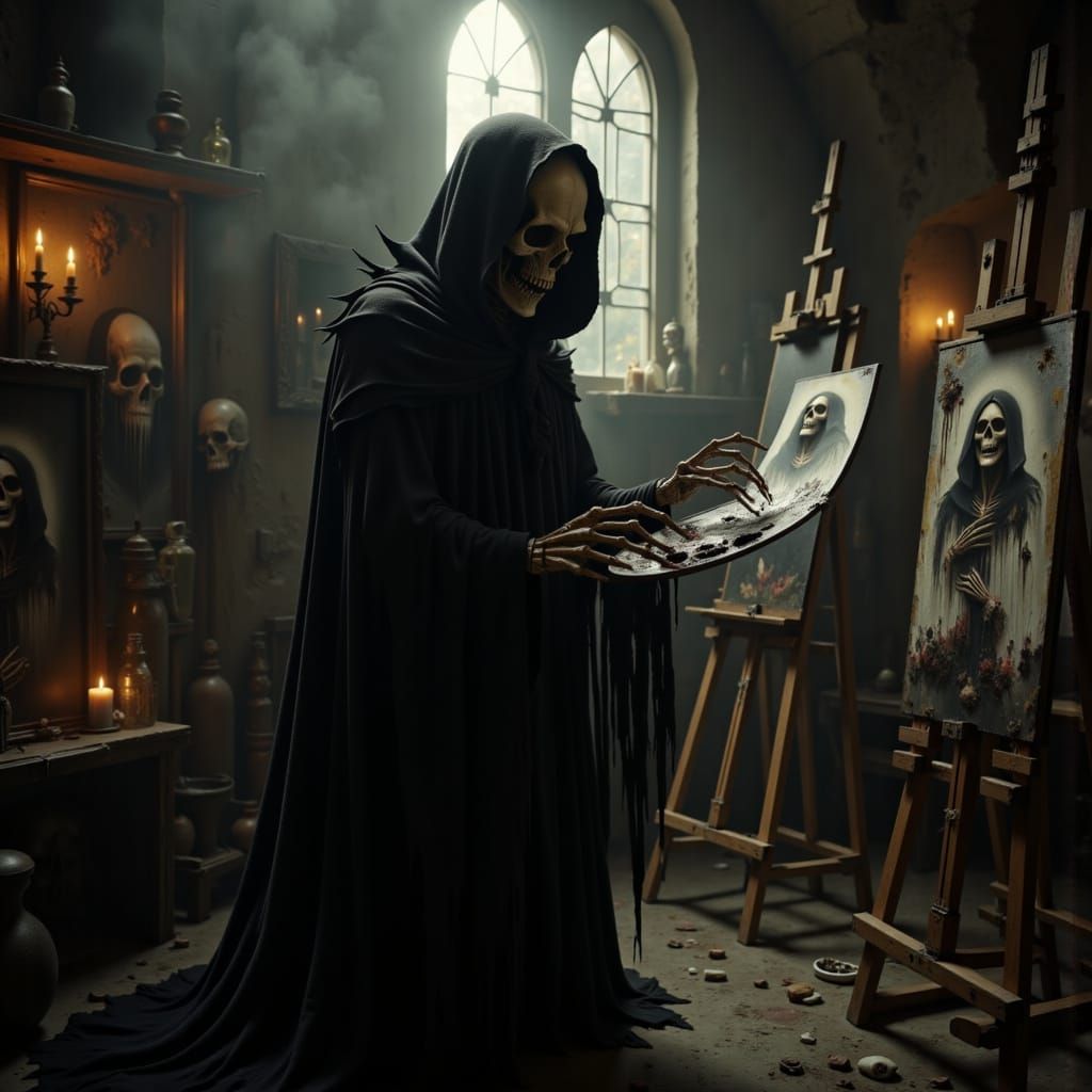 Grim Reaper in a Haunting Art Studio Scene