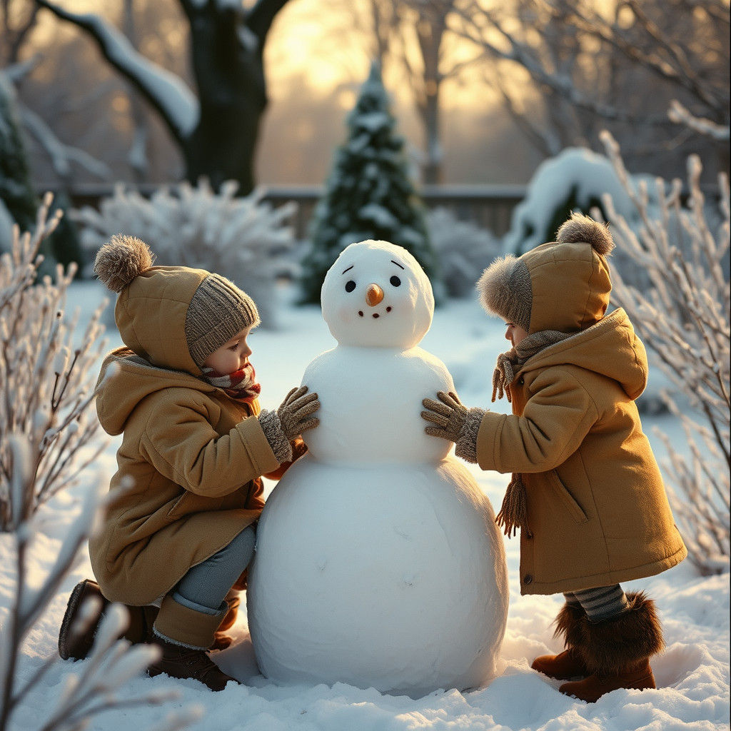 Children Build Snowman in Winter Garden: Cinematic Film Stil...
