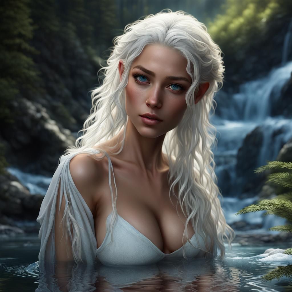 Female Elf Bathing in Mountain Stream: Fantasy Art