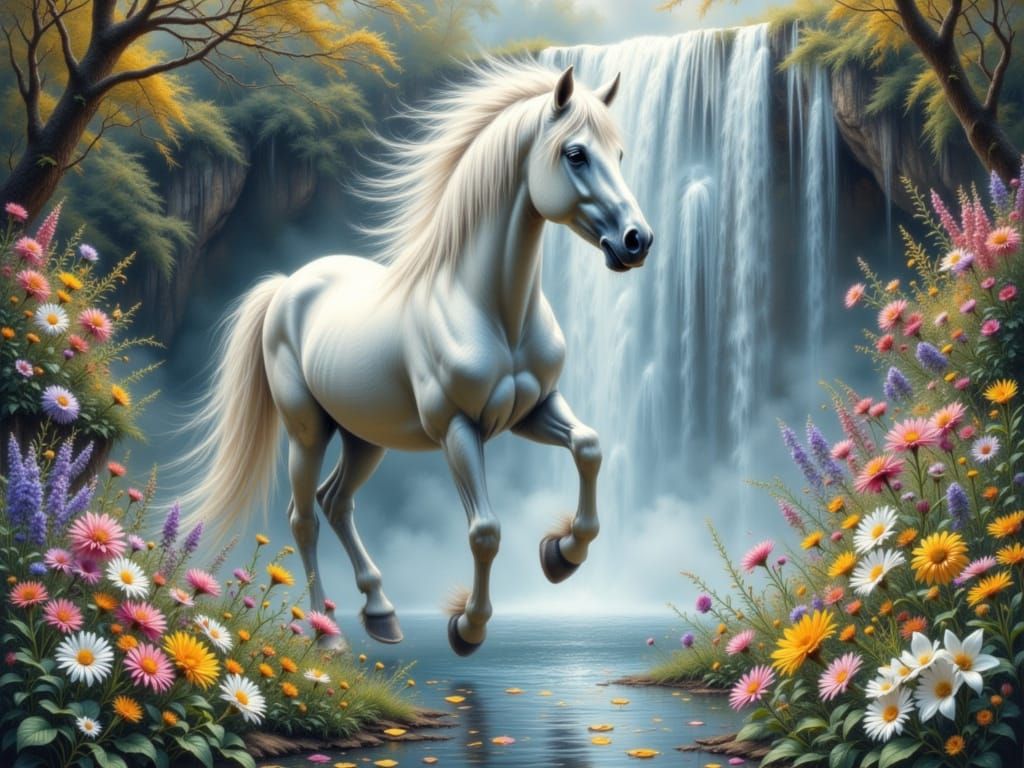 White Horse Emerges into Vibrant Flower Garden
