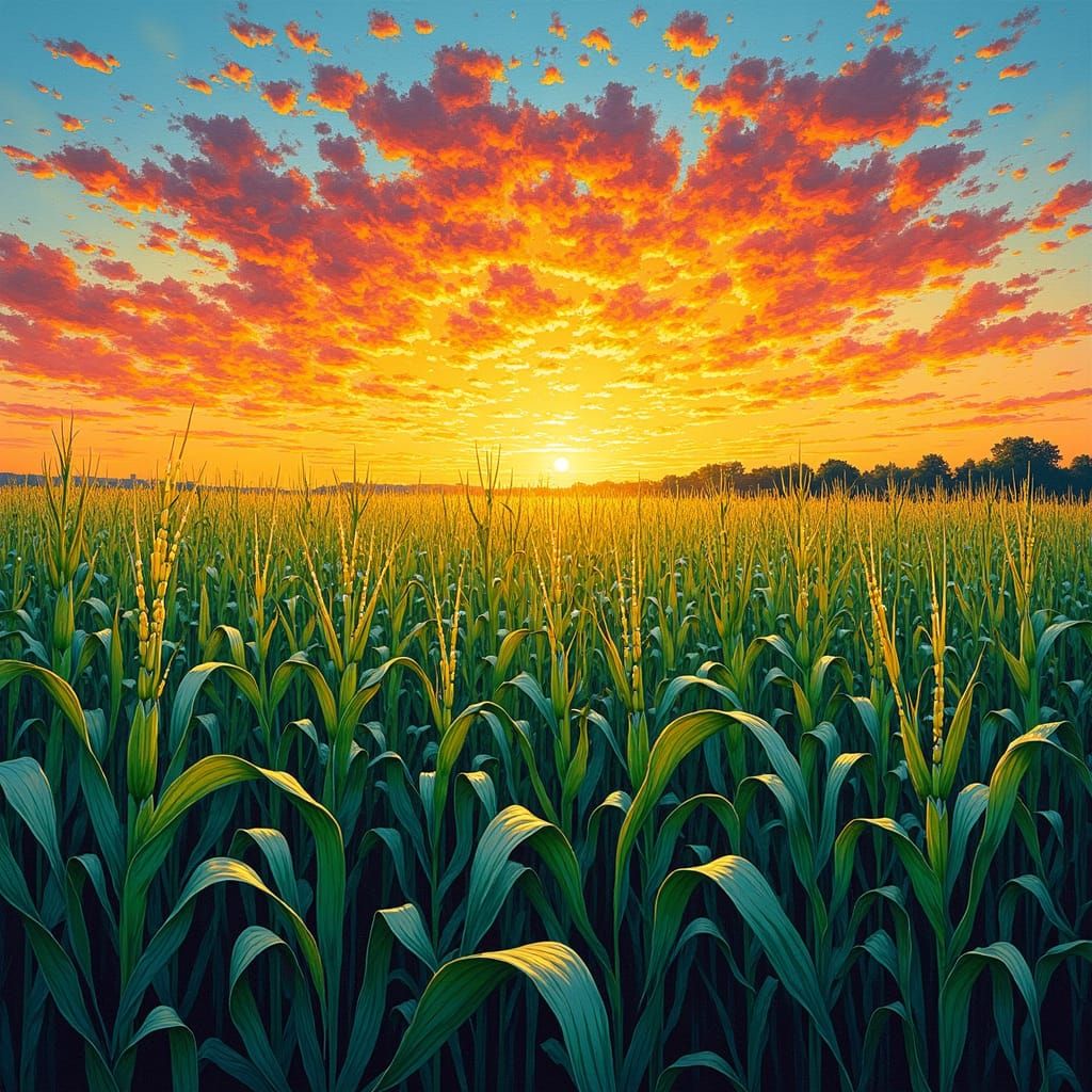 Cornfield Sunset in Pointillist Style