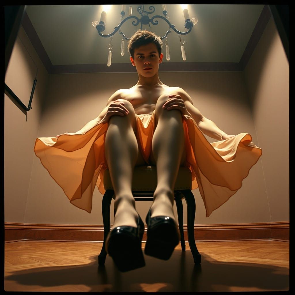 Cinematic Male Form in a Flowing Skirt Viewed from Below