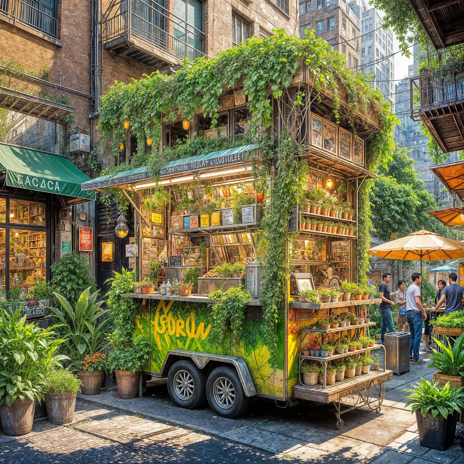 Street Food Cart Under Vertical Gardens: Concept Art