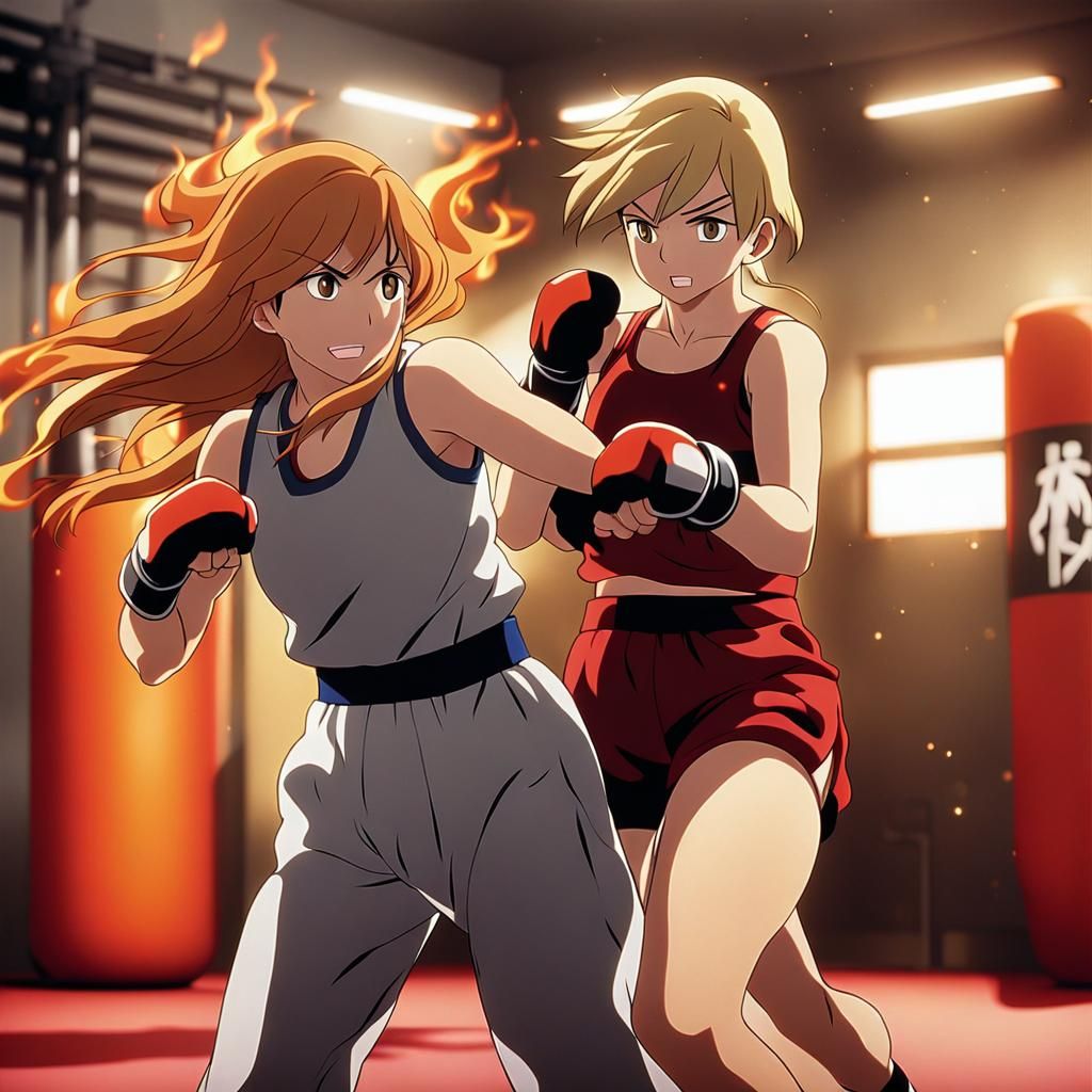 Dynamic Anime Kickboxing Match in Gym