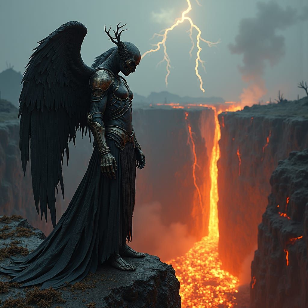 Fallen Angel with Skeletal Wings at Fiery Abyss