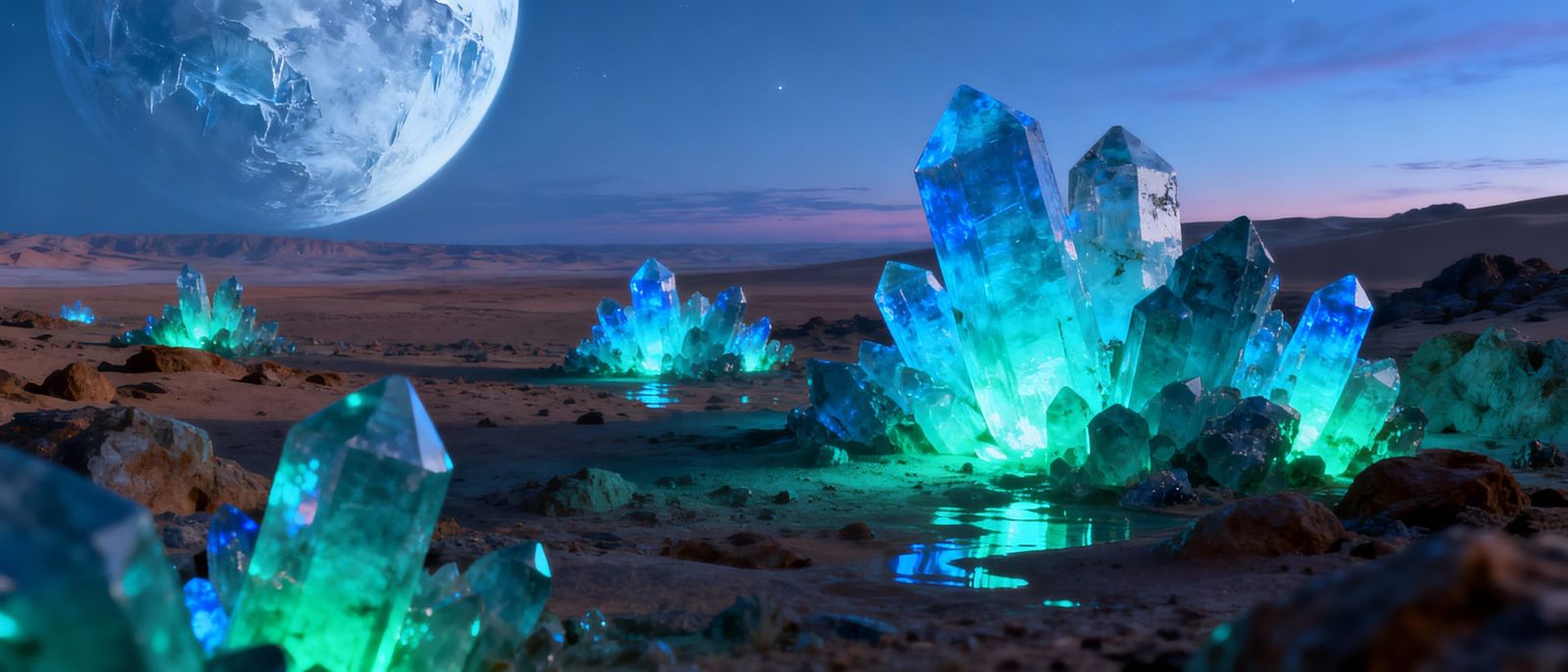 Luminous Amazonite on Alien Plain with Ice Planet