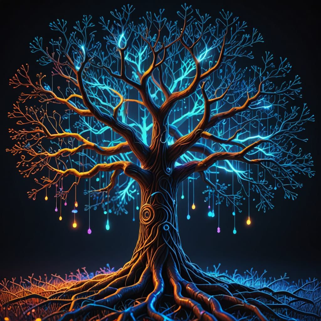Glowing Binary Tree of Zeros and Ones, Digital Art
