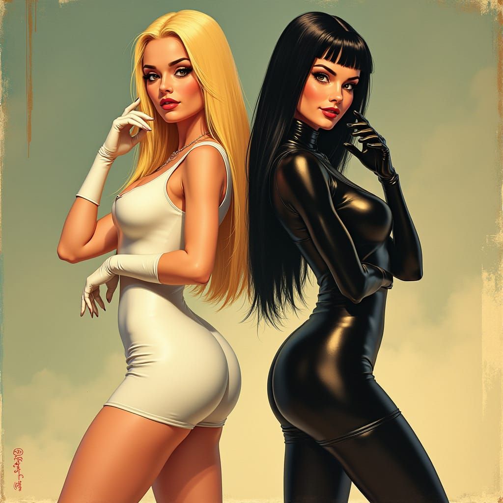 Vintage Comic Style Pin-Up: Two Women in Latex