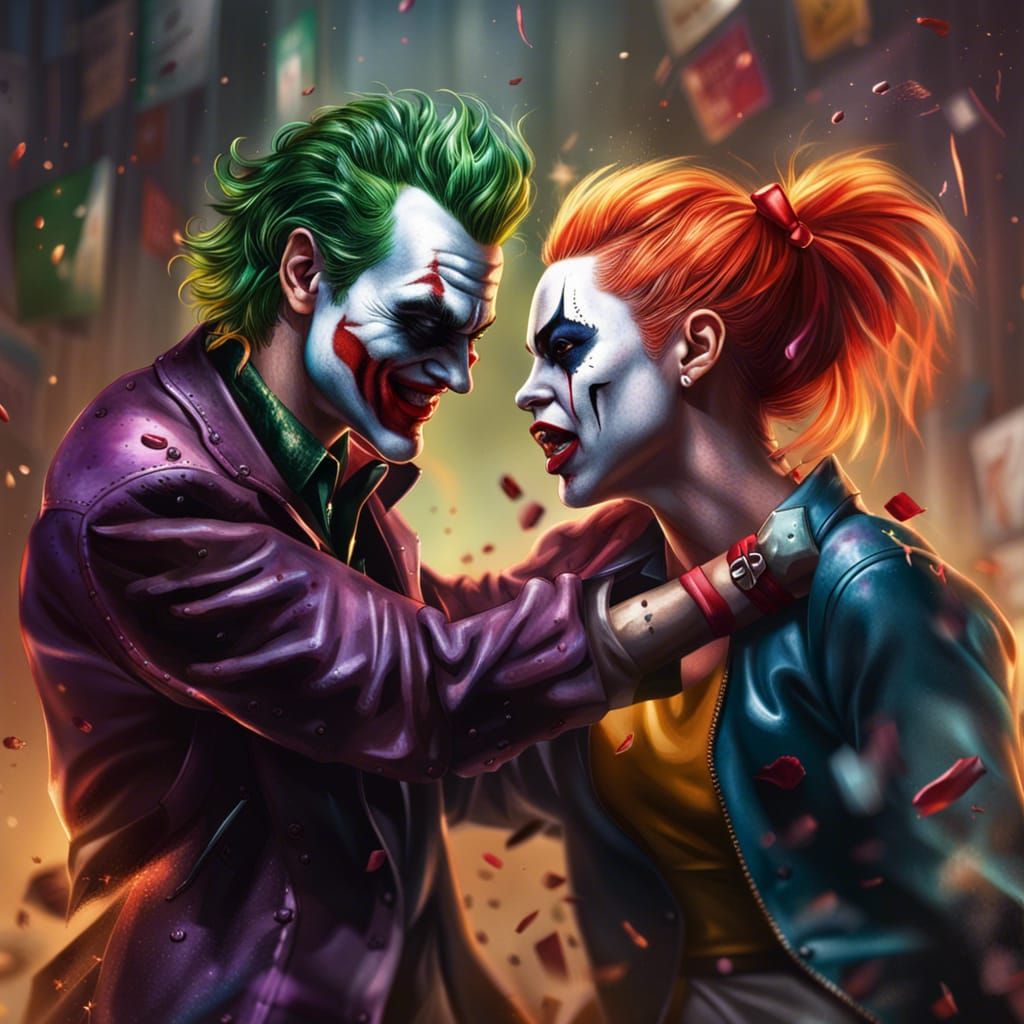 Joker and Harley Quinn Fighting: Hyperrealistic Splash Art