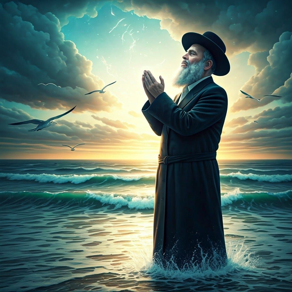Ultra-Orthodox Jew in Dramatic Seaside Prayer