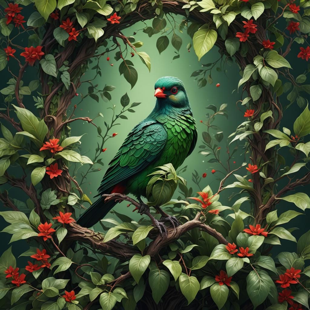 Fantasy Green Bird with Lush Foliage