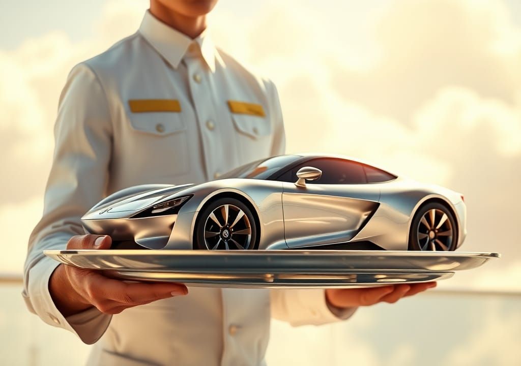 Waiter Serving a Car: 3D Rendered Masterpiece