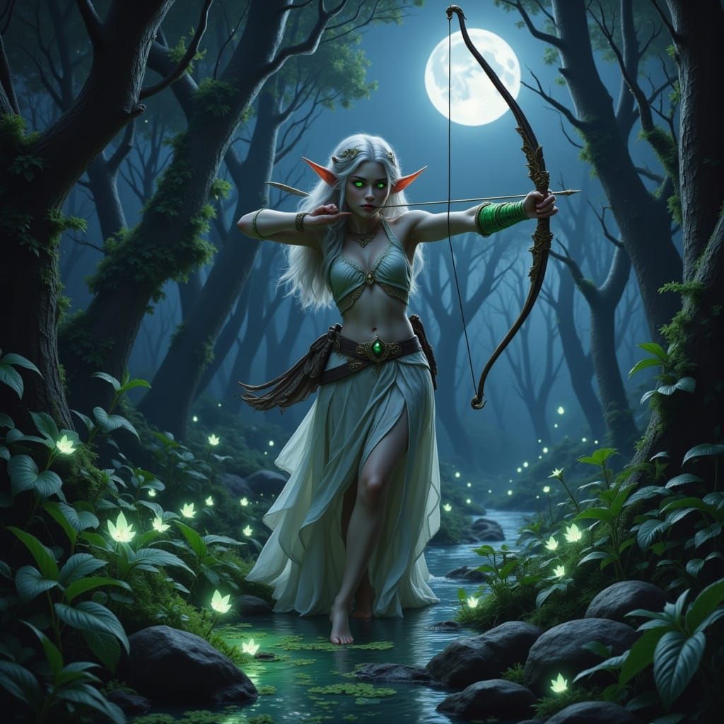 Elven Huntress Stalks Moonlit Forest in Digital Painting
