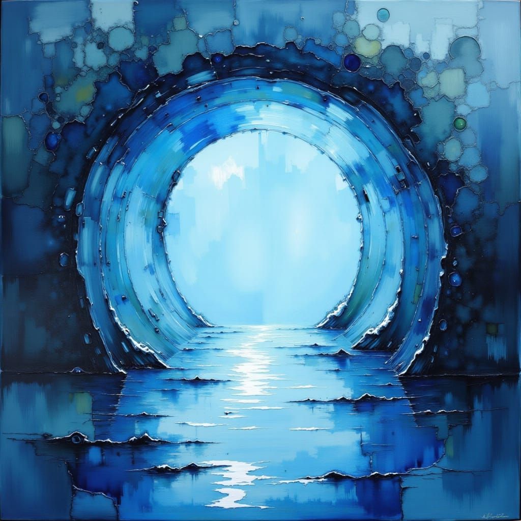 Dreamy Blue Portal in Wet Watercolor Style