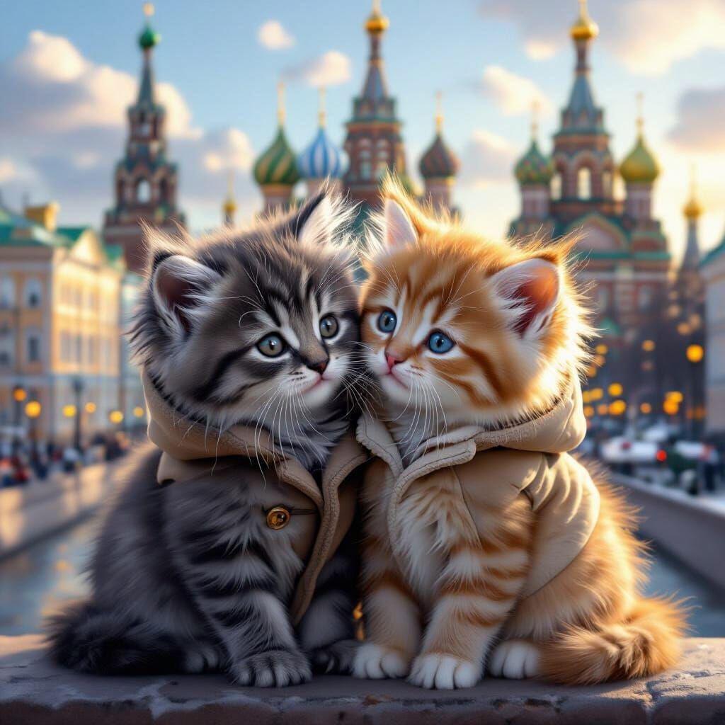 Adorable Kittens in Coats with St. Petersburg View