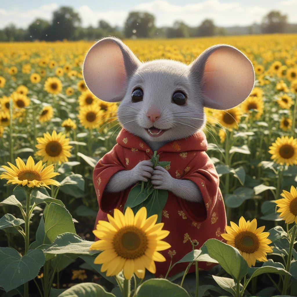 Shy Mouse in Sunflower Field: Anime-Style Art