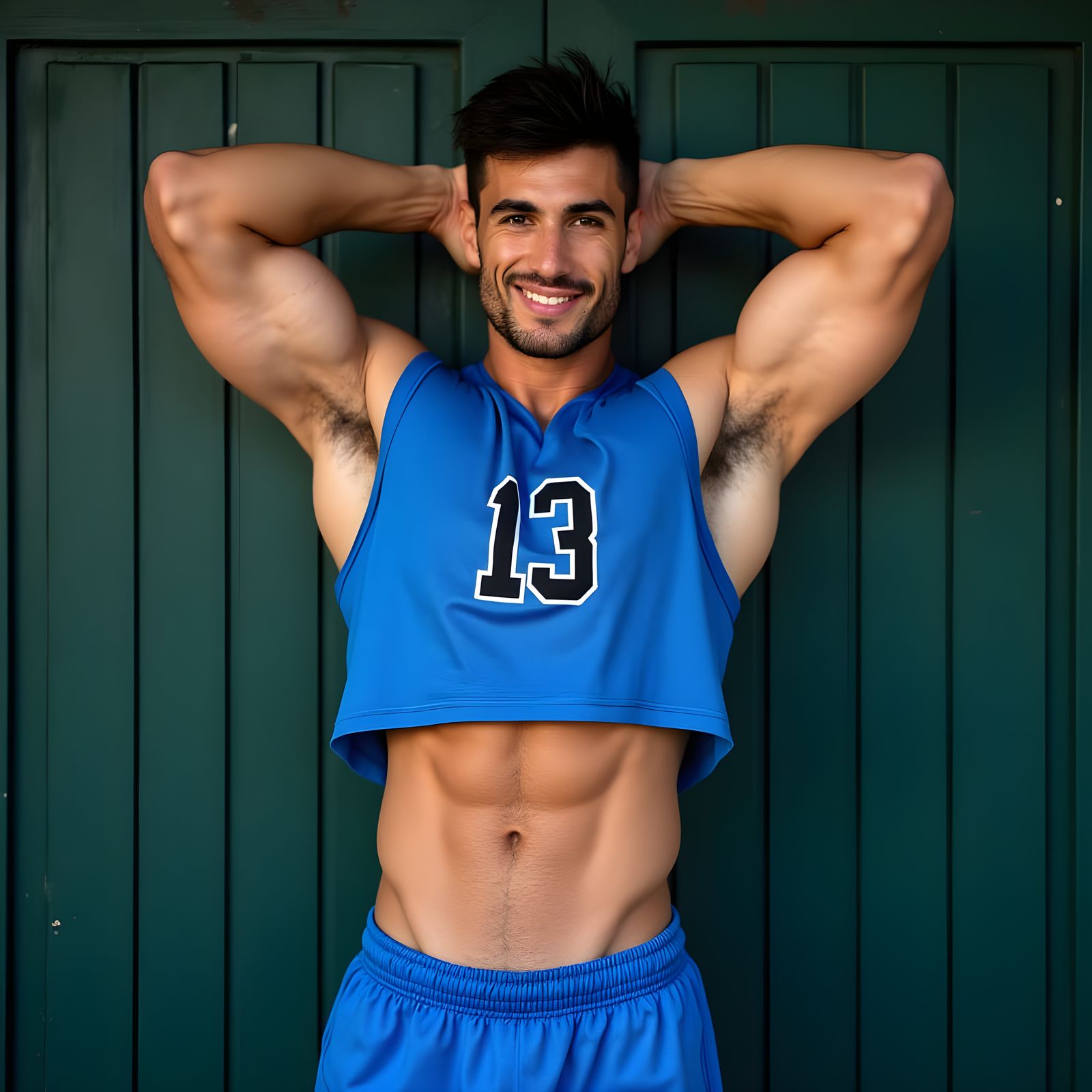 Muscular Athlete in Blue Jersey Posing