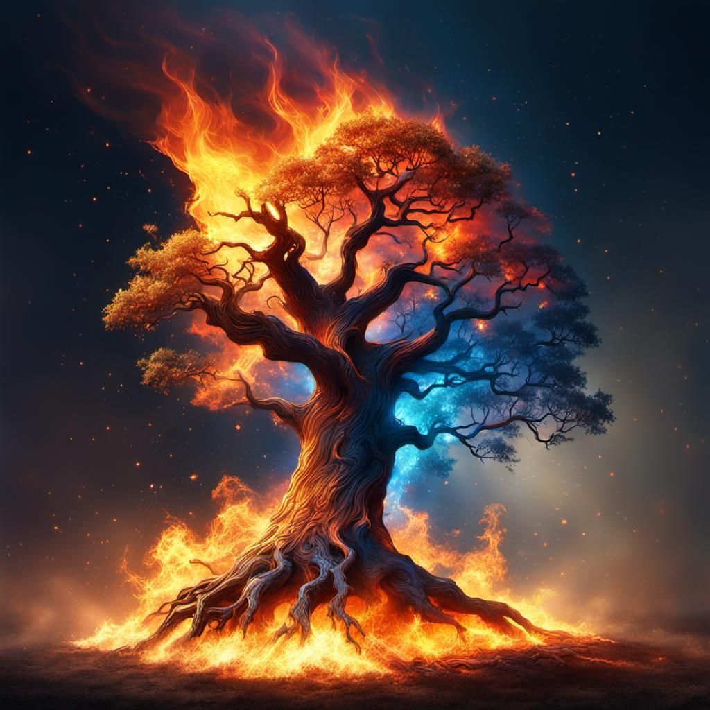 Fiery Tree in Space: Hyperrealistic Concept Art