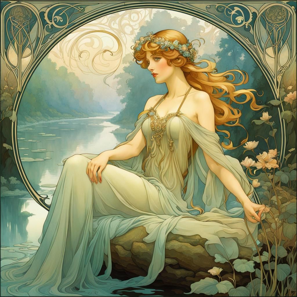 Ethereal Fairy Resting, Art Nouveau Style