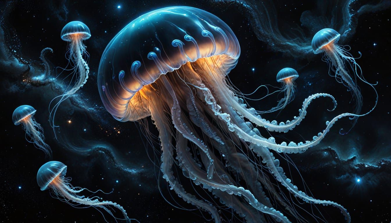 Cosmic Jellyfish Drifting Through Space Nebulae