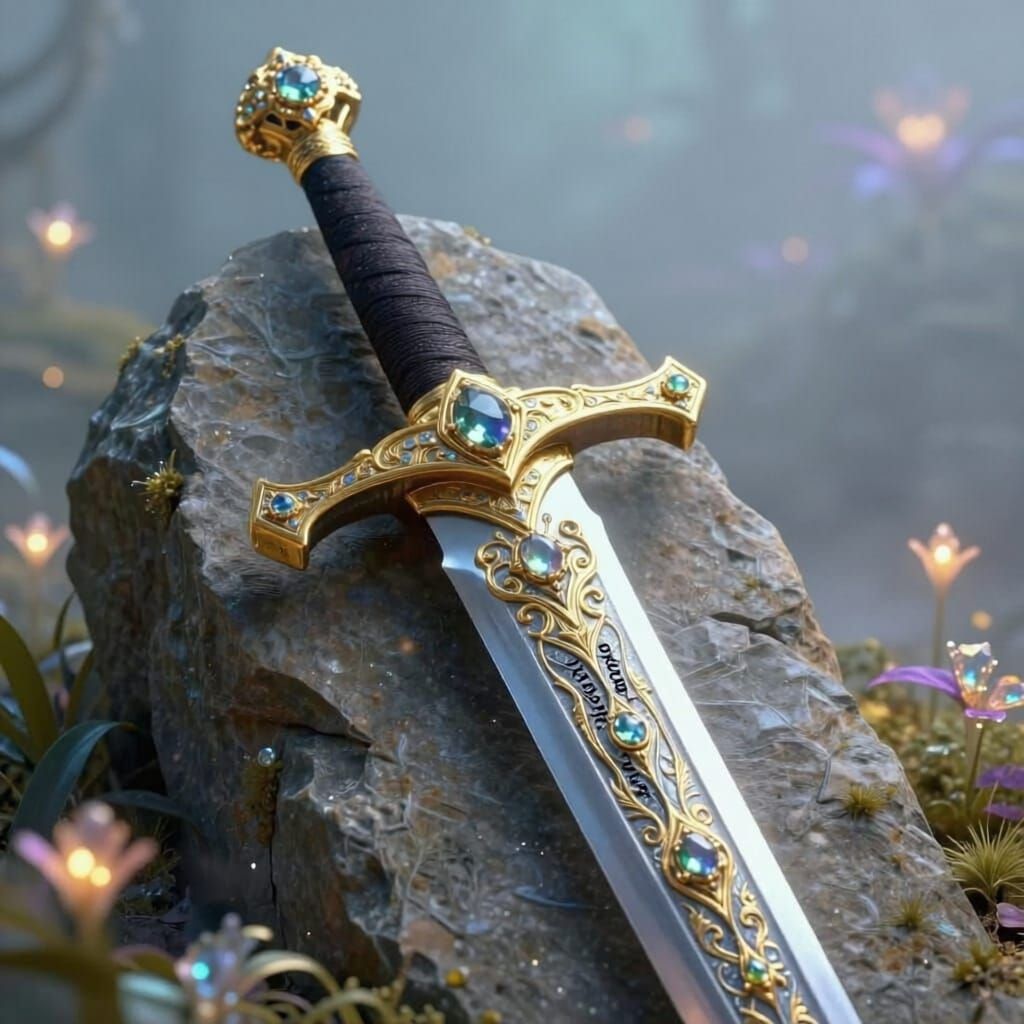 Ultra Realistic Sword in Stone With Jewels and Magic Backgro...