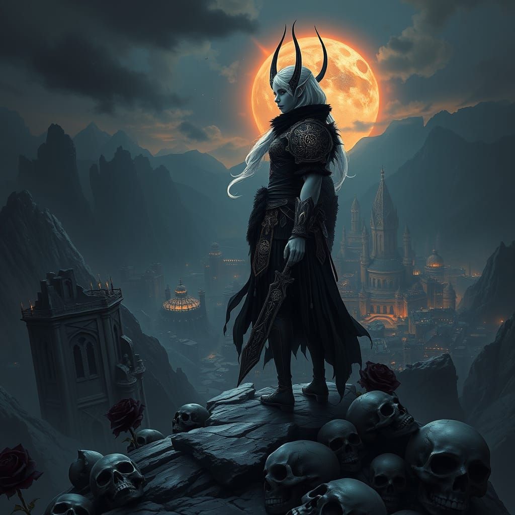 Albino Elf Warrior Overlooking Dark City, in Dark Fantasy St...