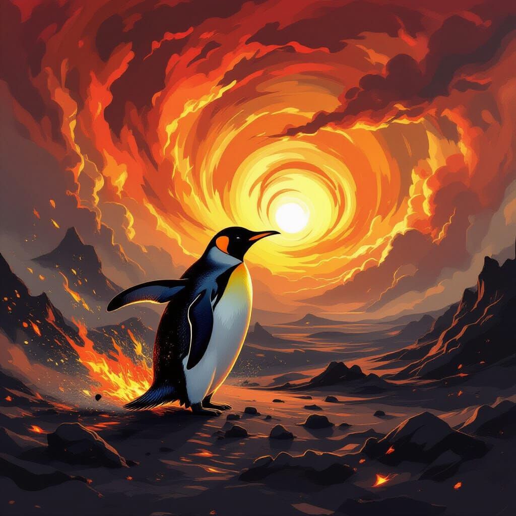 Penguin Reborn from Ash in Dramatic Sunset Sky