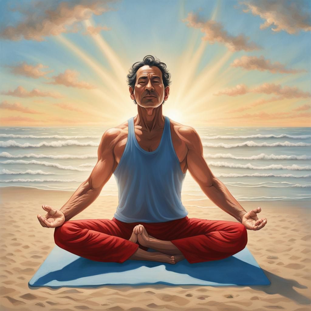 Man in Gyan Mudra on Beach, Detailed Matte Painting