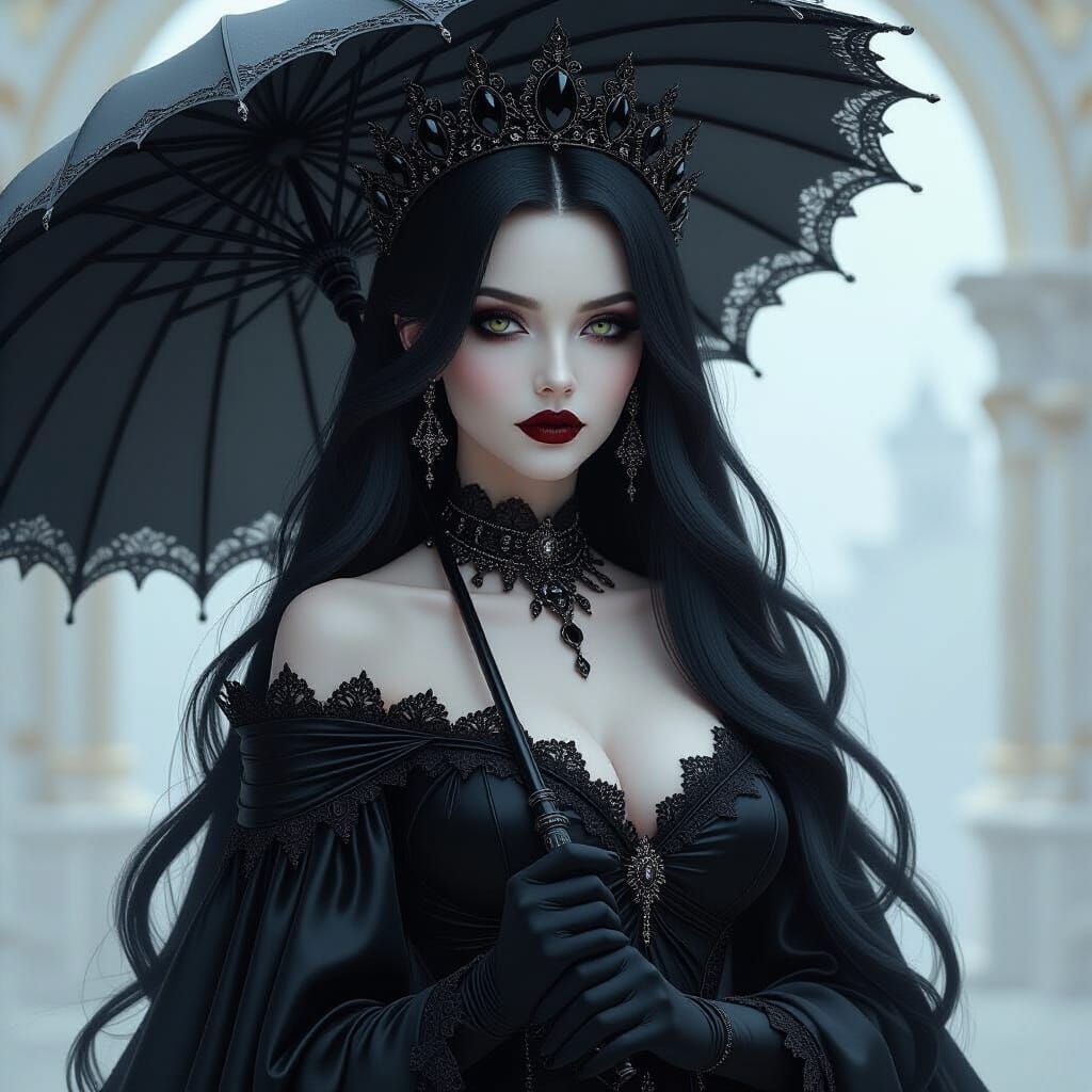 Pale Angel with Black Wings in Gothic Gown