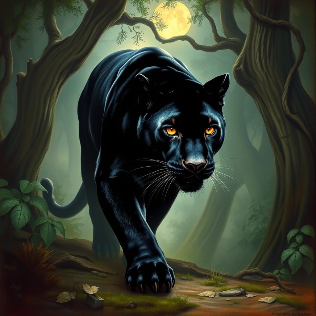 Majestic Black Panther in Moonlit Jungle Landscape
