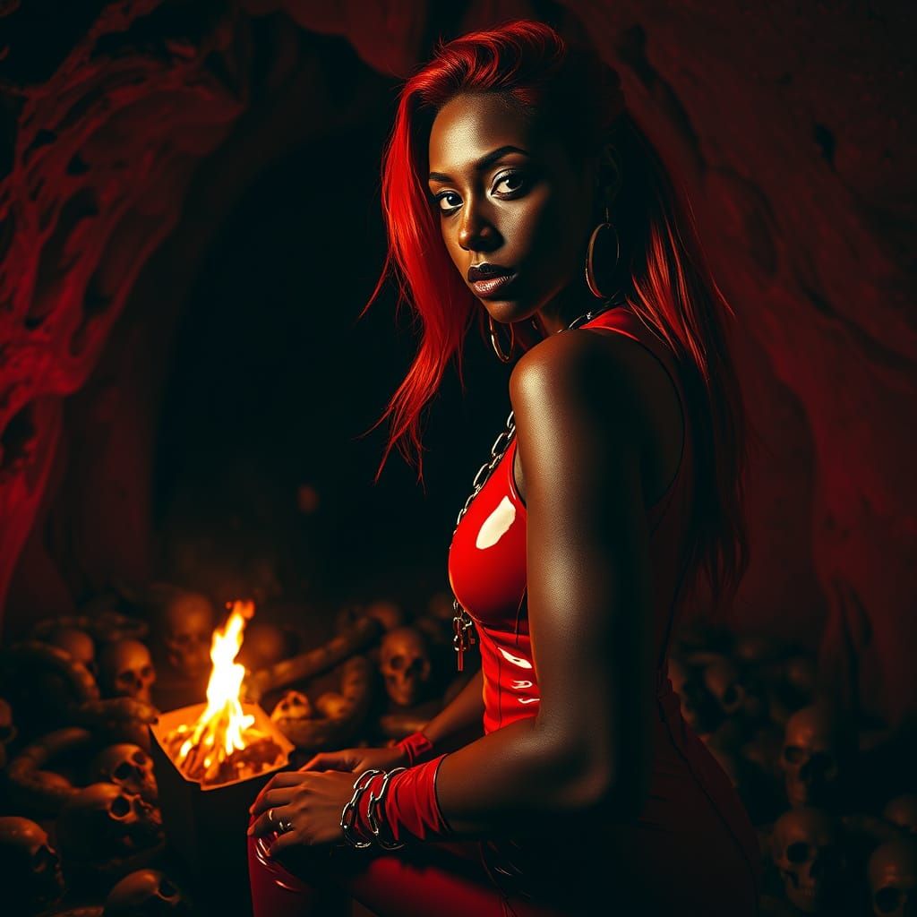 Dark Goddess in Red Latex, Chains, and Shadows