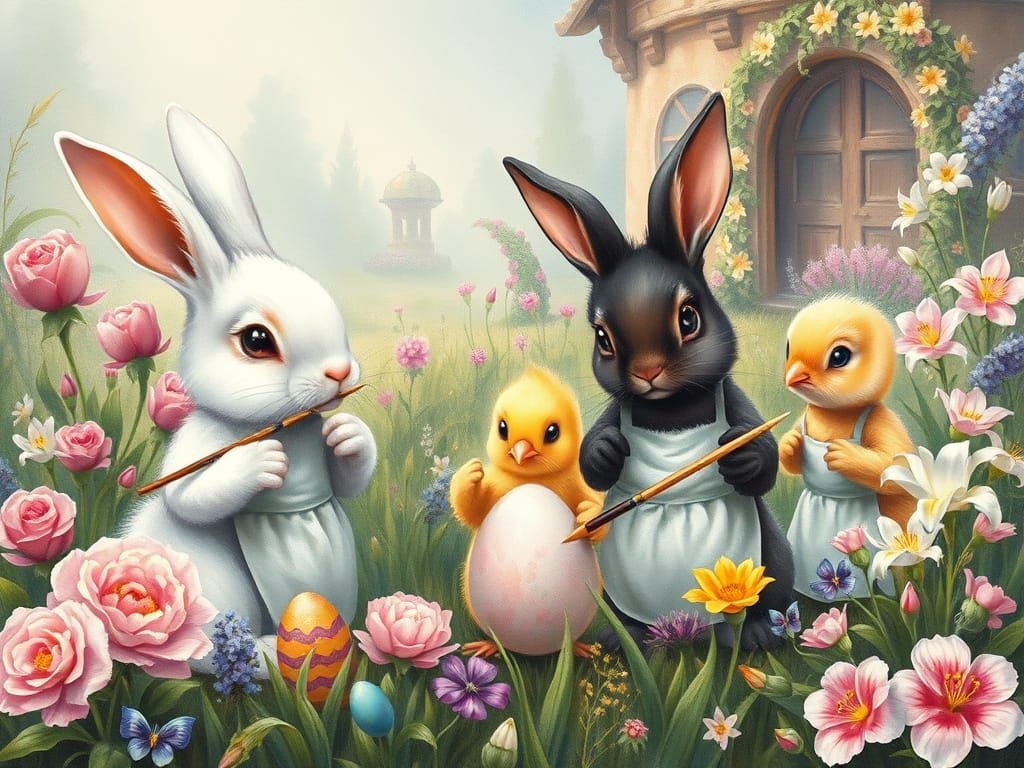 Bunnies Painting Easter Eggs in Gouache and Watercolor Style
