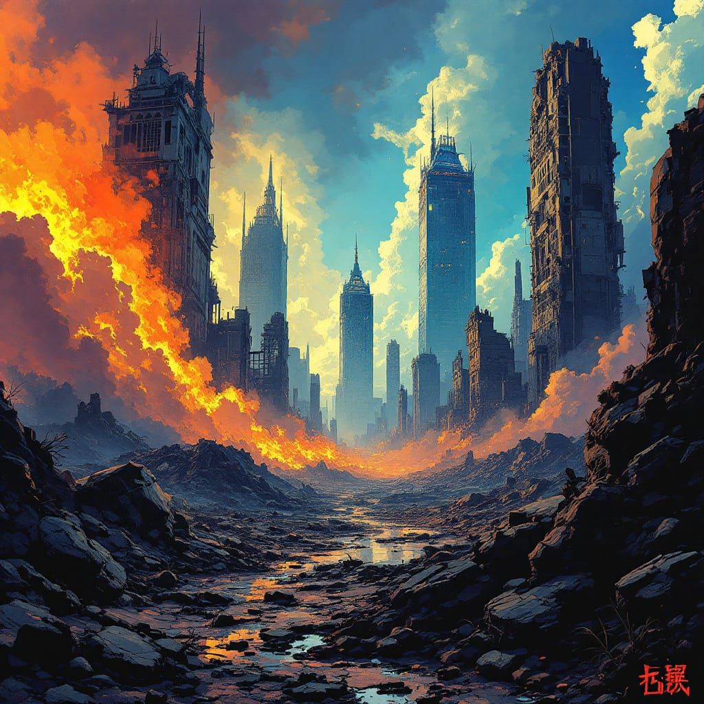 Post-Apocalyptic Cityscape in Anime Key Visual Style