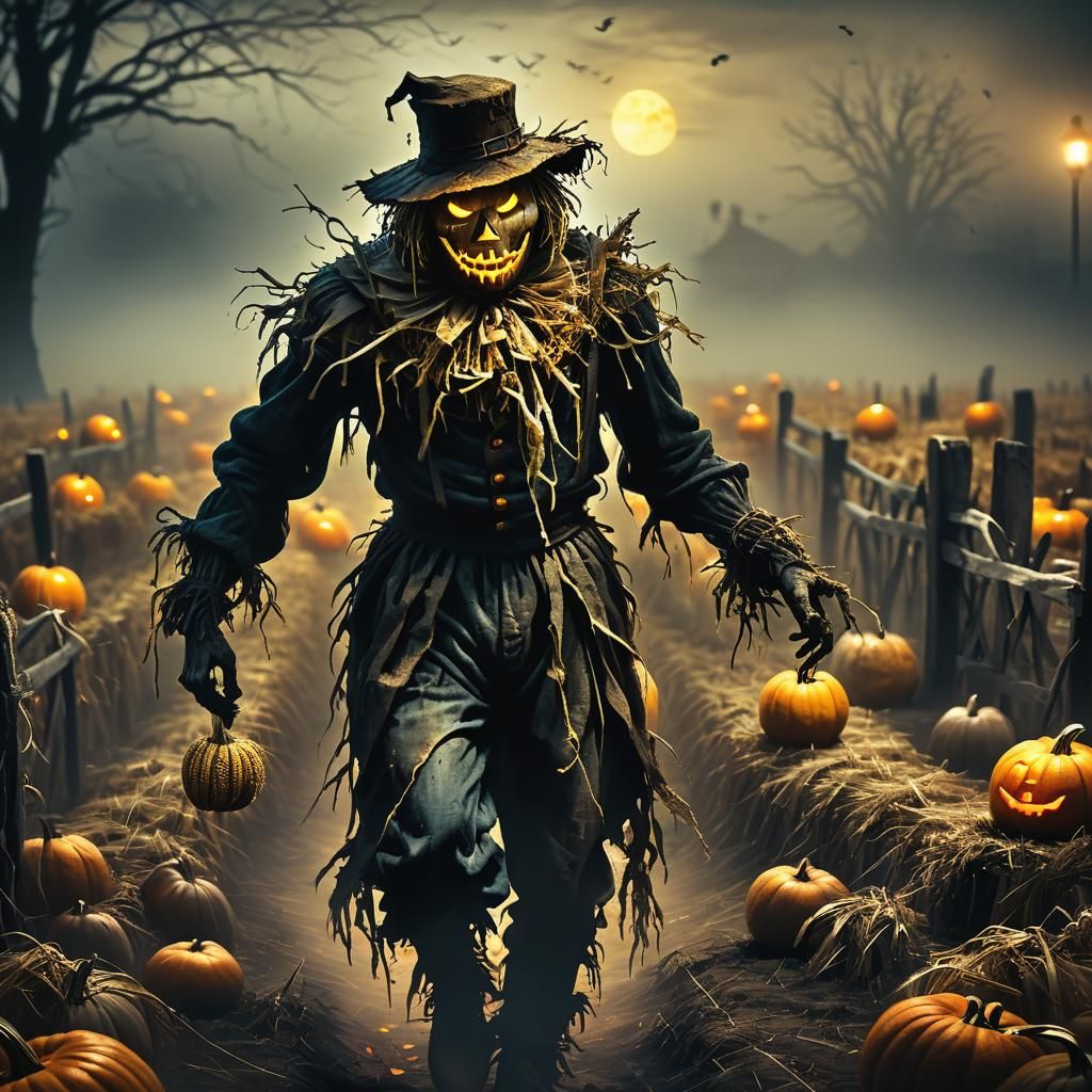 Terrifying Scarecrow with Glowing Eyes in Dark Fantasy Art