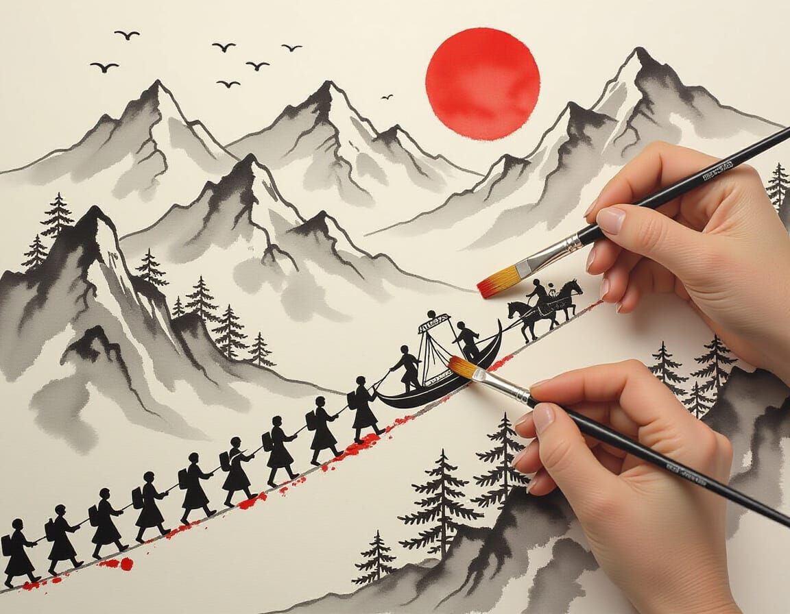 Surreal Ink Painting of Tiny Army and Wedding Scene
