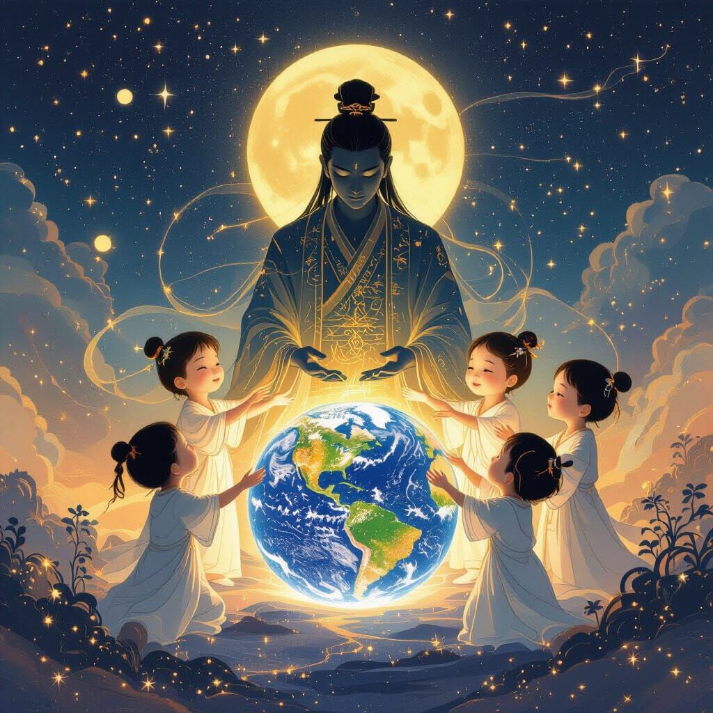 AI Master & Children Support Earth Amidst Cosmic Galaxies