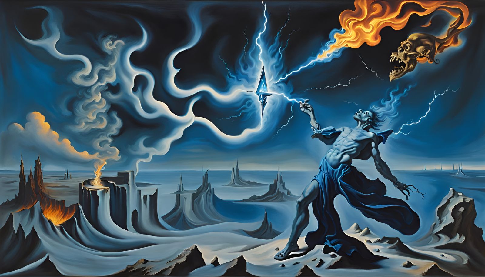 Wizard Confronts Demon with Lightning in Surreal Style