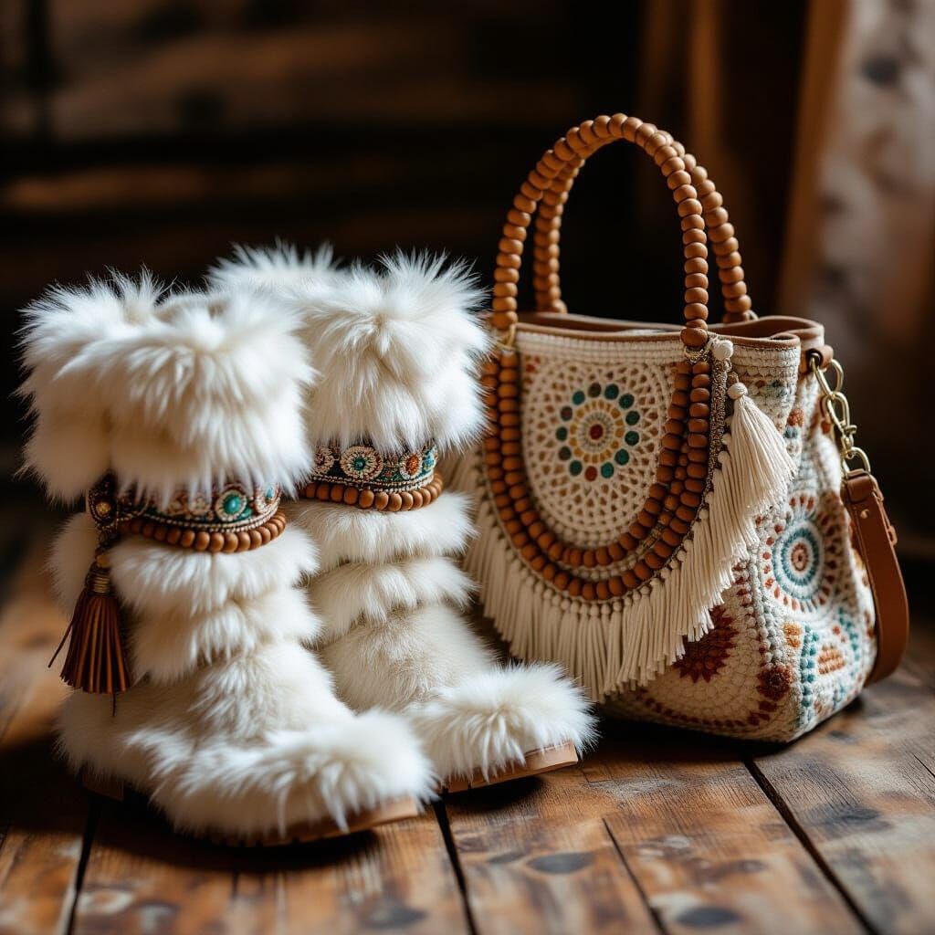 Boho Fur Boots and Bead Bag Still Life