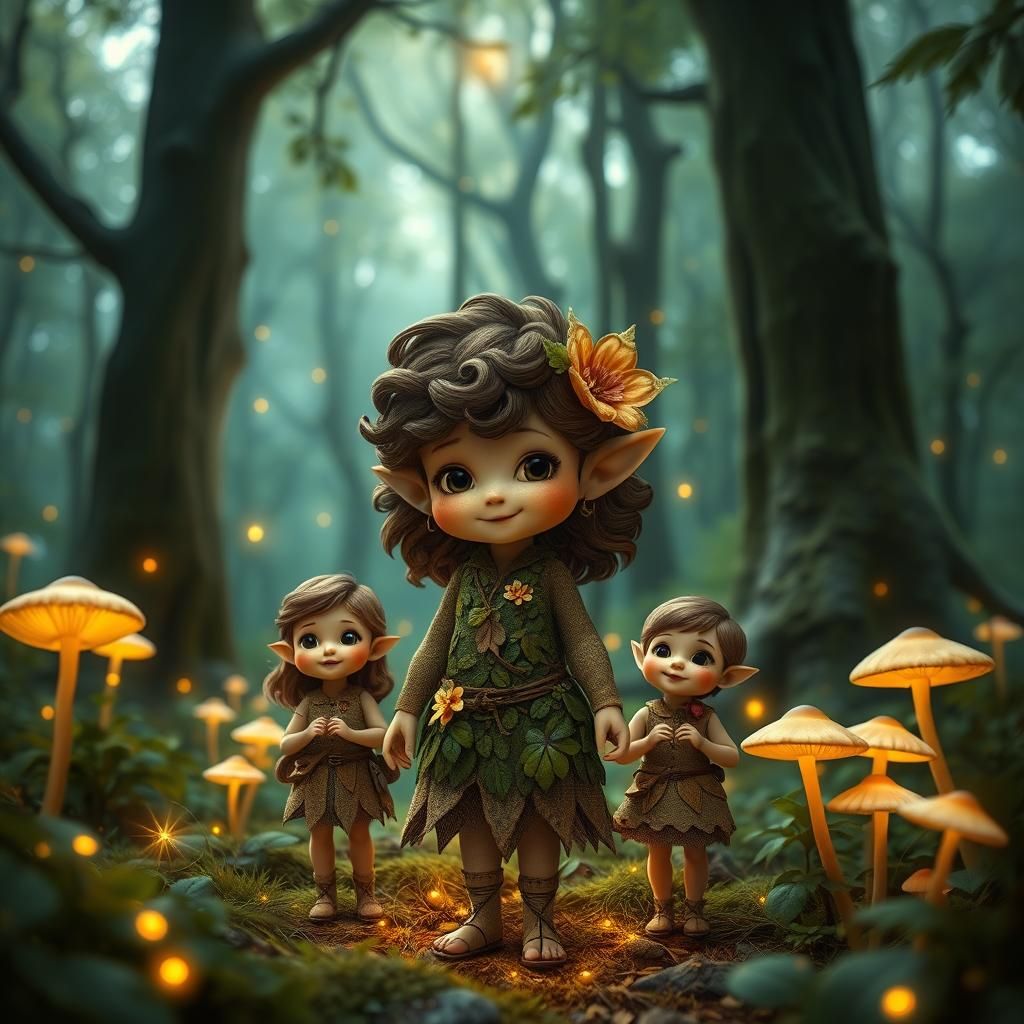 Enchanting Wood Elf Family in Hyperreality Forest