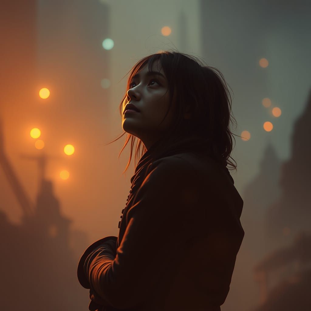 Contemplative Figure in Mystical Industrial Futurism