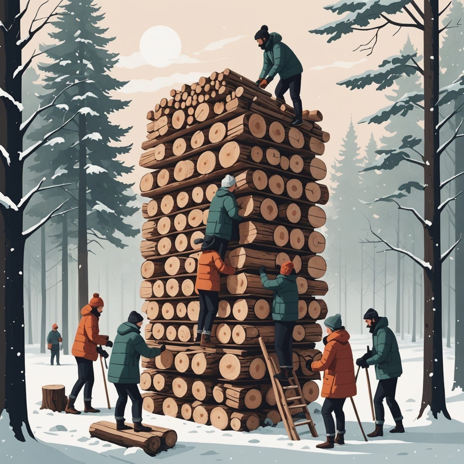 Dreamy Winter Illustration: Gathering Wood
