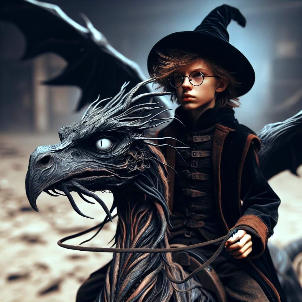 Wizard on Thestral: Hyperrealistic Dark Fantasy