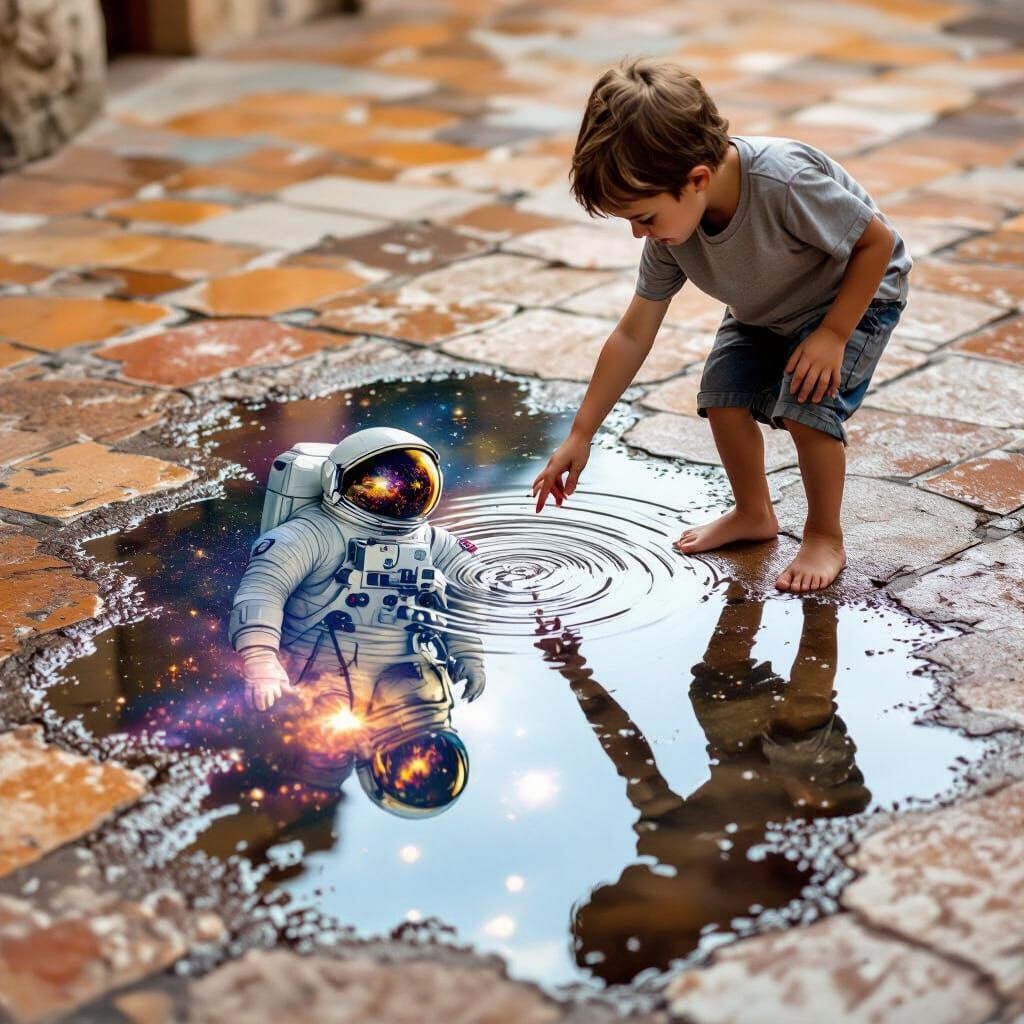 Boy's Reflection Merges with Cosmic Astronaut in Puddle