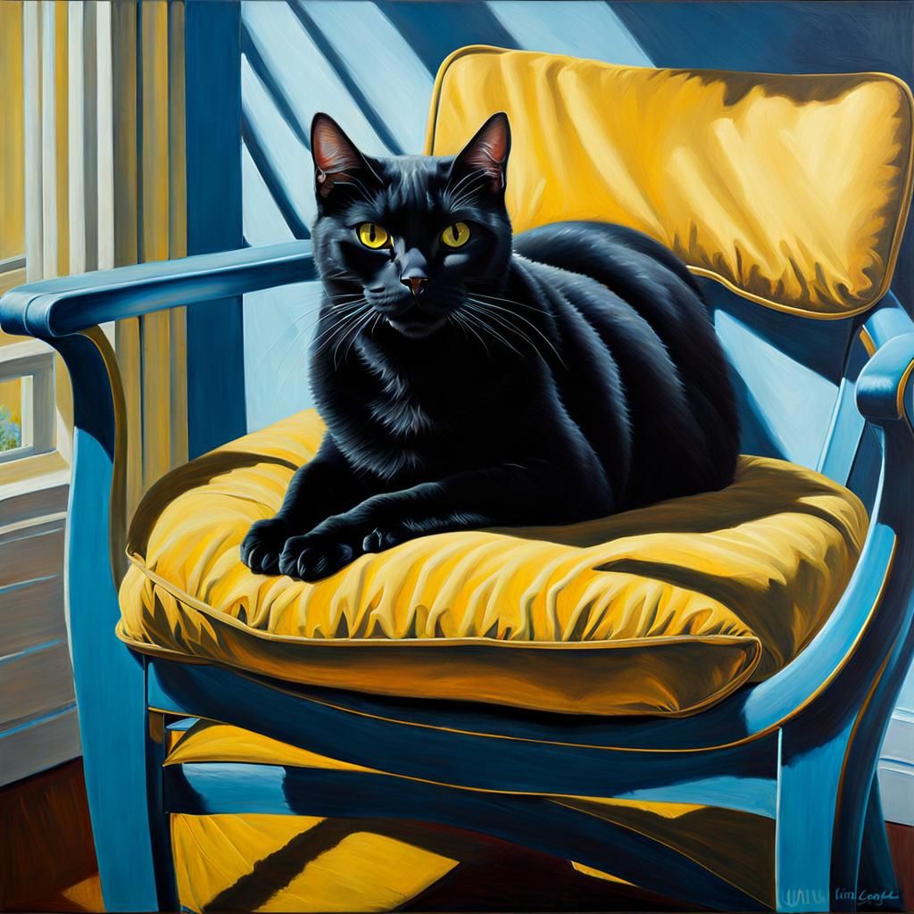 Black Cat with Yellow Eyes as Oil Painting